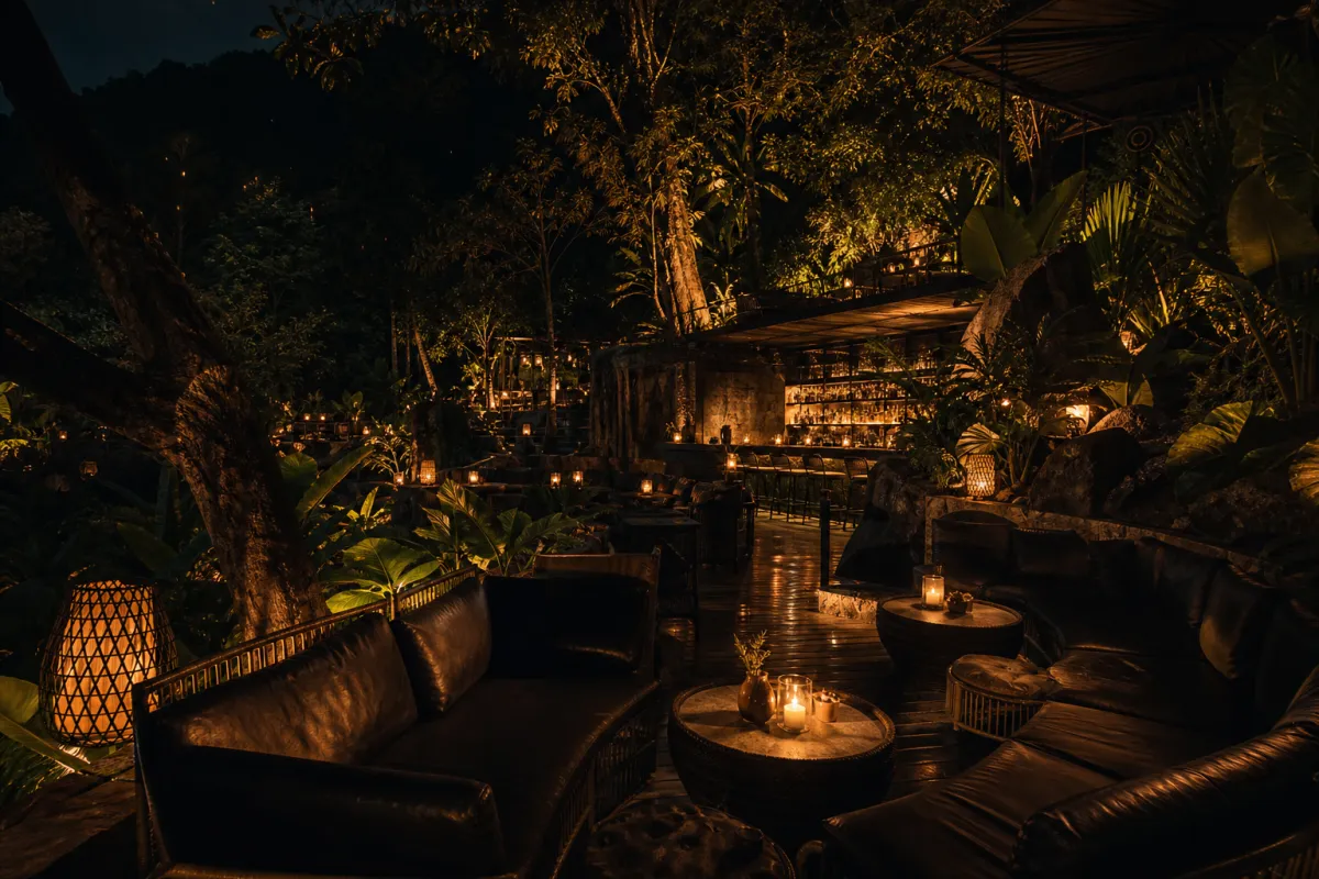 Nightclub lounge with warm candlelight and a lit bar in the jungle