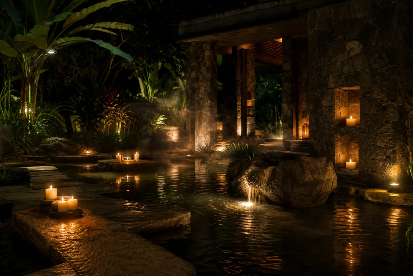 Ruhige Spa-Atmosphäre mit Kerzen, Stein und Pflanzen im warmen Licht