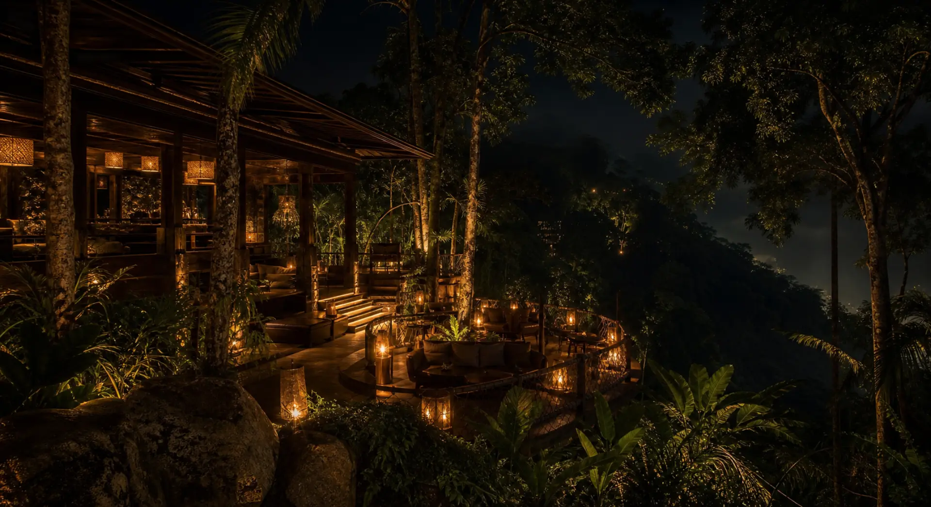 Candlelight-Nightclub im Dschungel am Berghang von Koh Phangan bei Nacht